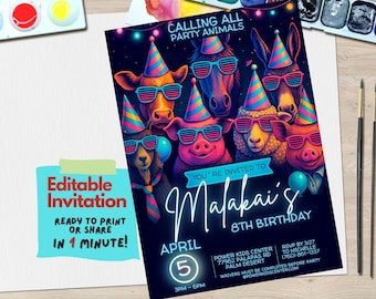 Invitation d'anniversaire de ferme de fêtards | Modèle de toile modifiable | Invitation de fête d'enfants de basse-cour | Thème des animaux de la ferme | Téléchargement numérique