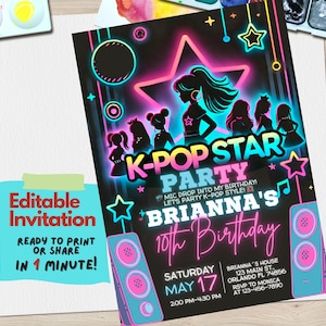 Invito di compleanno K-Pop modificabile / Invito alla festa K-Pop per adolescenti e preadolescenti, modello di compleanno digitale con colori al neon, tema K-Pop personalizzato