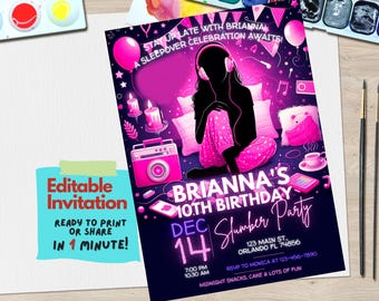 Girls' Slumber Party Birthday Invitation | Editable Sleepover Digital Invite | Pajama Party Template for Kids | Instant Download