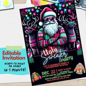 Modello modificabile per invito alla festa del maglione brutto - Invito alla festa di Natale a tema festivo - Download digitale per celebrazioni festive