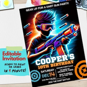 Dart Gun Geburtstagseinladungsvorlage - Bearbeitbares Canva Design für Kinder oder Jugendliche Action-Themed Party, Dart Gun Invite Party, Jungeneinladung