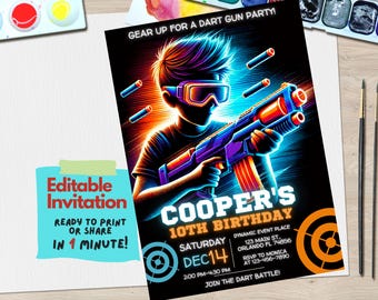Dart Gun Birthday Invitation Template – Editable Canva Design for Kids or Teens Action-Themed Party, Dart Gun Invite Party, Boy Invitation