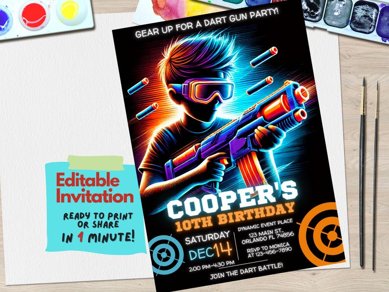 Dart Gun Birthday Invitation Template – Editable Canva Design for Kids or Teens Action-Themed Party, Dart Gun Invite Party, Boy Invitation image 1
