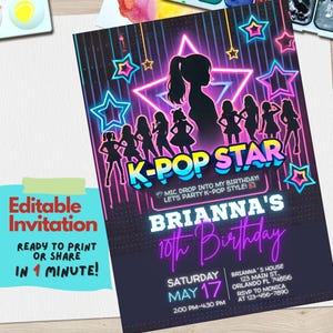 Faire-part d'anniversaire K-Pop modifiable sur Canvas | Invitation numérique à une fête K-Pop pour adolescents et préadolescents | Thème pop coréen personnalisable à téléchargement immédiat