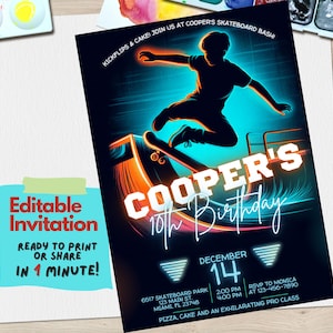 Skateboard-Geburtstagseinladungsvorlage - Bearbeitbare Canva Skate Party einladen für Kinder, Skater-Thema, sofortiger digitaler Download, Skate-Park