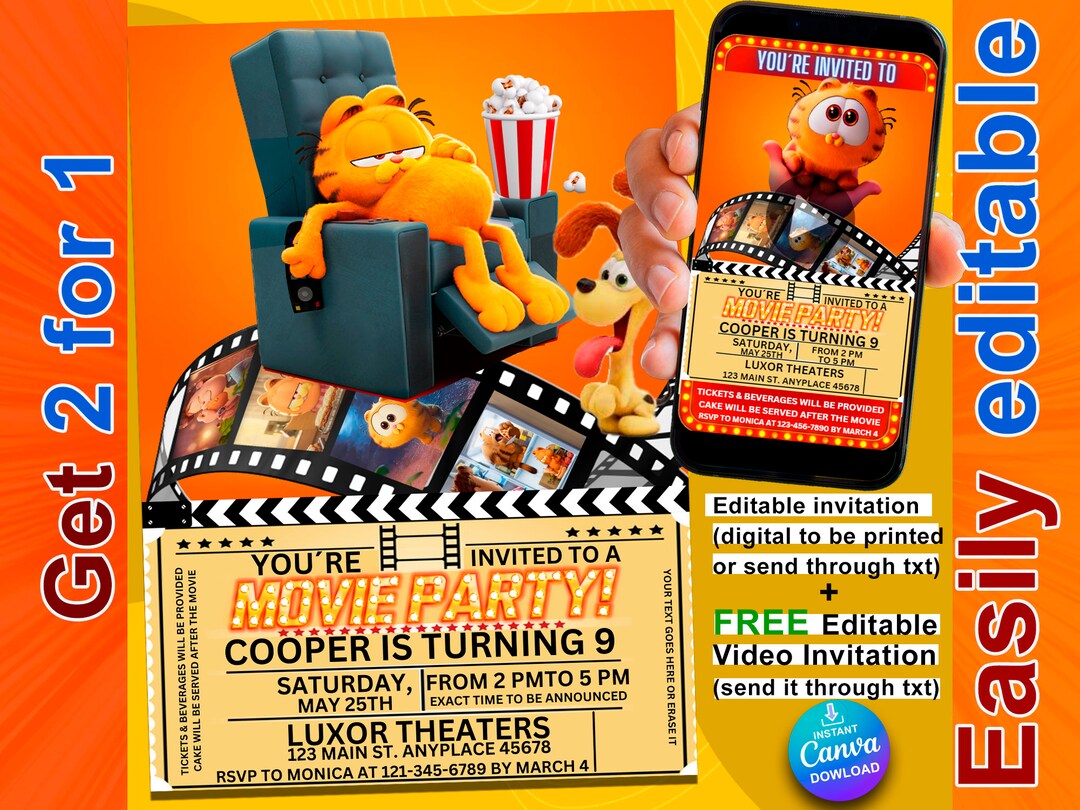 Garfield Invitations 2X1 Printable Invite & Animated Birthday