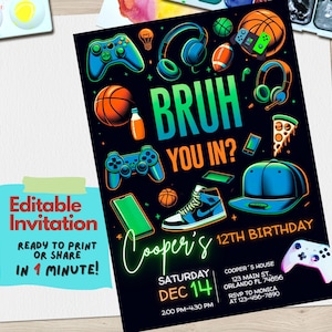 Bruh You In? Convite para festa de aniversário de adolescente – Tema de jogador, basquete, pizza e música, modelo editável do Canva para meninos, convite para jogador