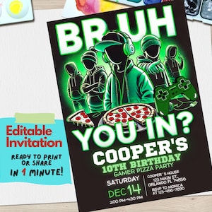 Convite para festa de pizza de jogador modelo editável Canva | Tema de videogame BRUH YOU IN? Convite de aniversário para pré-adolescentes, meninos, adolescentes, crianças | Digital