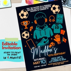 Uitnodiging voetbalverjaardag jongens voetbal | Bewerkbare canvassjabloon | Uitnodiging sportthemafeest | Digitale download | Voetbalverjaardag voor kinderen