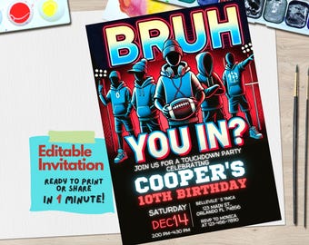 May include: A digital invitation for a 10th birthday party with a football theme. The invitation features a group of cartoon boys playing football with the text "Bruh You In?" and "Cooper's 10th Birthday".