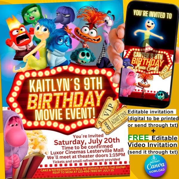 Inside Out 2 celebrate at the movie theater 2X1 printable editable birthday invitation & animated video invite both easy to edit in Canva