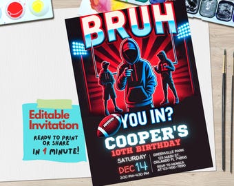 Fußball Geburtstagseinladung, BRUH YOU IN? Bearbeitbare Canva-Vorlage für Jungen-Touchdown-Party einladen, Geburtstag zum Thema Sport bedruckbar