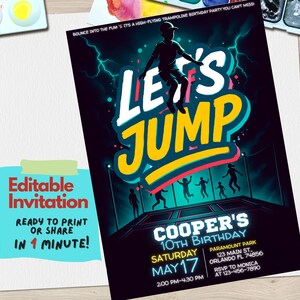 Laten we springen! Verjaardagsuitnodiging trampolinepark | Bewerkbare canvassjabloon | Bouncefeestje voor kinderen of tieners | Digitale download | Jump Park-uitnodiging