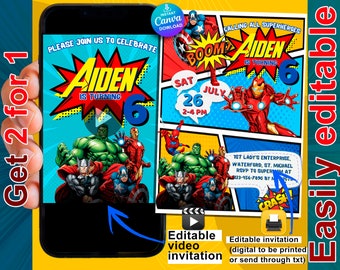 Superhero Animated Birthday Invitation both printable & video get them right after purchase edit them very easy on canva Avengers comics