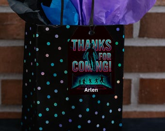 Tagi z podziękowaniami za urodziny w parku trampolin – motyw imprezy ze skakaniem – edytowalny w Canva – dekoracja imprezy z dmuchanym domkiem – pobieranie cyfrowe