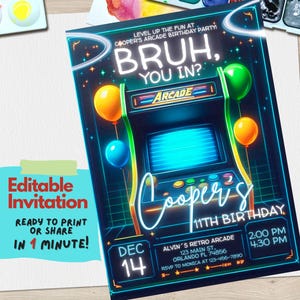 Bearbeitbare Arcade Geburtstagsfeier Einladung Vorlage | Digitales Videospiel-Thema einladen | Retro Gaming Geburtstag Canva Design, bist du dabei?