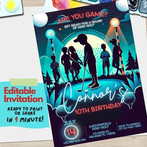 Convite de aniversário de minigolfe | Convite divertido para festa de golfe de putt-putt | Convite com tema esportivo | Festa de aniversário de golfe infantil | Download instantâneo
