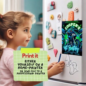 May include: A printable birthday party invitation featuring a motocross rider on a dirt bike with neon green accents. The text on the invitation reads "Cooper's 10th Birthday".