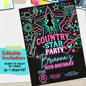 Faire-part d'anniversaire étoile country, modèle de toile modifiable, invitation à une fête de cow-boy western, thème de la musique country rustique, bottes et étoiles design