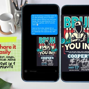 May include: A digital invitation for a 10th birthday party with a bowling theme. The invitation features a cartoon illustration of a person wearing a bowling shirt and holding a bowling ball. The text on the invitation reads "Bruh You In?" and "Cooper's 10th Birthday".