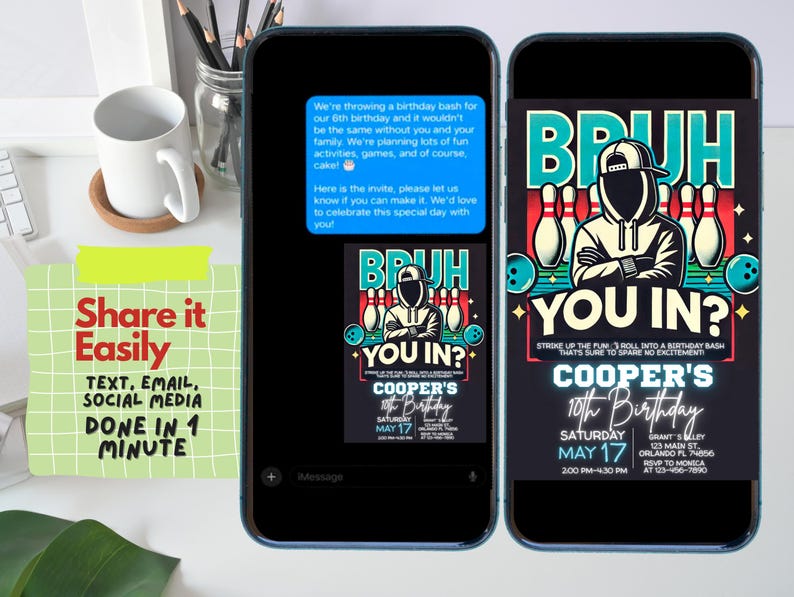 May include: A digital invitation for a 10th birthday party with a bowling theme. The invitation features a cartoon illustration of a person wearing a bowling shirt and holding a bowling ball. The text on the invitation reads "Bruh You In?" and "Cooper's 10th Birthday".