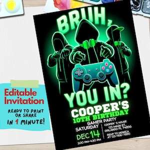Convite de aniversário de jogador, BRUH YOU IN? Tema de festa de jogos, modelo editável do Canva, convite para festa de videogame para meninos, impressão digital