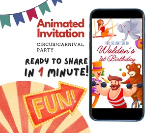 Circus Birthday Video Invitation | Animated Carnival Theme (Editable in Canva)