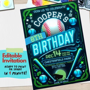 Invitation de fête d'anniversaire de baseball | Modèle de toile modifiable | Invitation personnalisable de sports de circuit | Téléchargement numérique, Tout âge, Facile à modifier