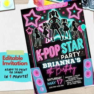 K-Pop Geburtstagseinladung Vorlage | Bearbeitbare Party Einladung für Jugendliche und Tweens | Neon K-Pop Theme | Sofortdownload | Canva Bearbeitbar