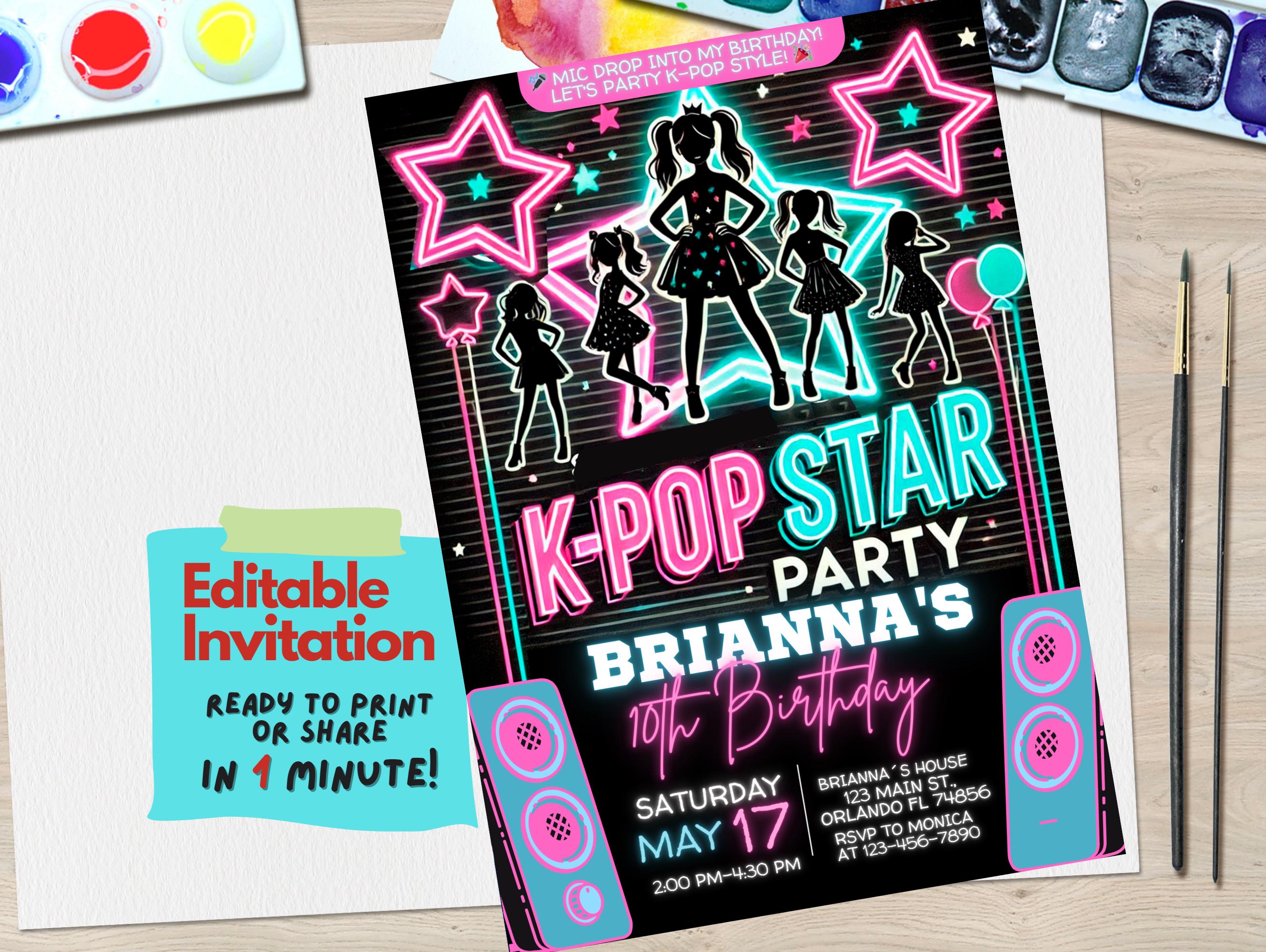 K-Pop Birthday Invitation Template | Editable Party Invite for Teens and Tweens | Neon K-Pop Theme | Instant Download | Canva Editable