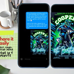 May include: A digital invitation for a 10th birthday party with a neon green and blue colour scheme. The invitation features a graphic of a person riding a dirt bike. The text on the invitation reads "Cooper's 10th Birthday".
