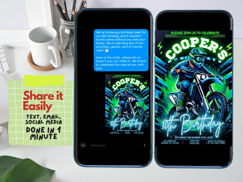 May include: A digital invitation for a 10th birthday party with a neon green and blue colour scheme. The invitation features a graphic of a person riding a dirt bike. The text on the invitation reads "Cooper's 10th Birthday".