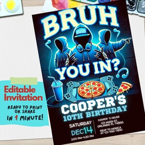 Convite para festa de pizza de videogame para jogadores Modelo editável Canva | BRUH YOU IN? Convite de aniversário para adolescentes adolescentes | Download digital