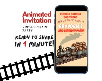 Vintage trein geanimeerde verjaardagsuitnodiging | Bewerkbare canvassjabloon