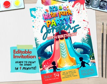 Water Park Birthday Invitation | Splash Party & Wave Pool Invite | Editable Canva Template | Summer Water Fun | Digital Download, Pool Party