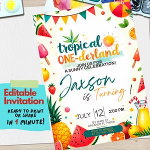 Modèle d'invitation d'anniversaire tropical ONEderland | Invitation 1er anniversaire modifiable | Téléchargement instantané | Modèle de toile de bricolage fête fille garçon