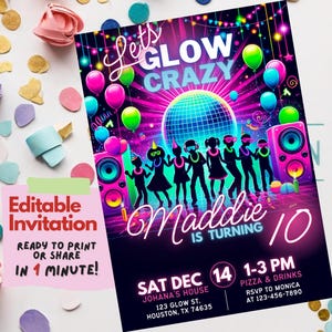 Convite de aniversário Let's Glow Crazy, modelo editável do Canva, convite para festa Glow, cartão Glow in the dark, convite personalizável com neon Glow
