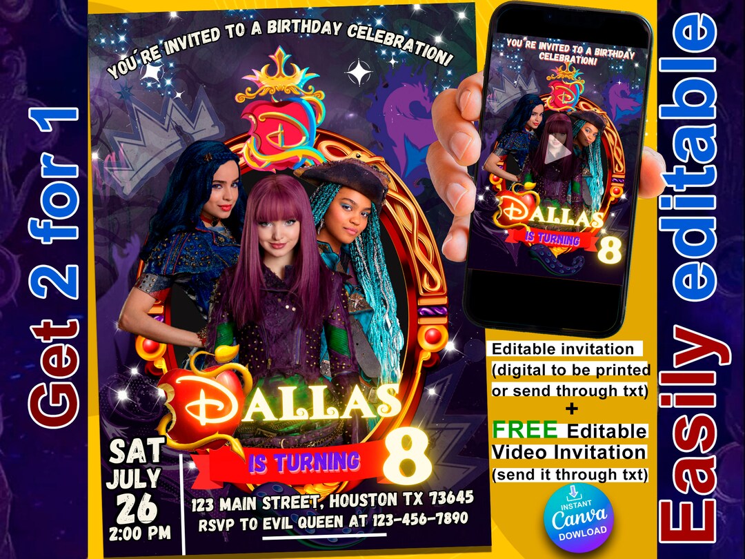Descendants Printable Birthday Invitations Both Printable &amp; Animated ...