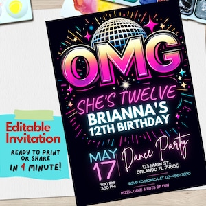 Invitación de cumpleaños a fiesta de baile OMG en rosa neón para niñas preadolescentes: plantilla de Canva editable: tema de fiesta de baile brillante para cumpleaños de preadolescentes