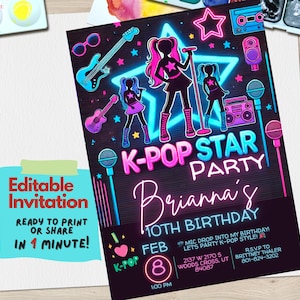 Bearbeitbare K-Pop Geburtstagseinladung | Digitale koreanische Pop-Party einladen für Jugendliche | K-Pop-Geburtstagsfeier, Instant Download, Idole, Bias