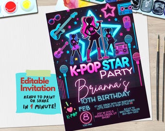May include: Editable invitation for a K-Pop Star party. The invitation features a pink and blue neon star with a silhouette of a girl singing into a microphone. The text "K-Pop Star Party" is in pink and blue neon letters. The invitation also includes the text "Brianna's 10th Birthday" in pink neon letters. The invitation is ready to print or share in one minute.