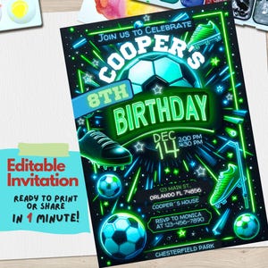 Convite para festa de aniversário de futebol | Modelo editável do Canva | Convite esportivo com tema de gol personalizável | Download digital | Convite para o Soccer GOAT