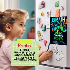 May include: A printable invitation for a birthday party with a video game theme. The invitation features a neon green and blue video game controller with the text "BRUH YOU IN? COOPER'S 8th Birthday" and the date "DEC 14".