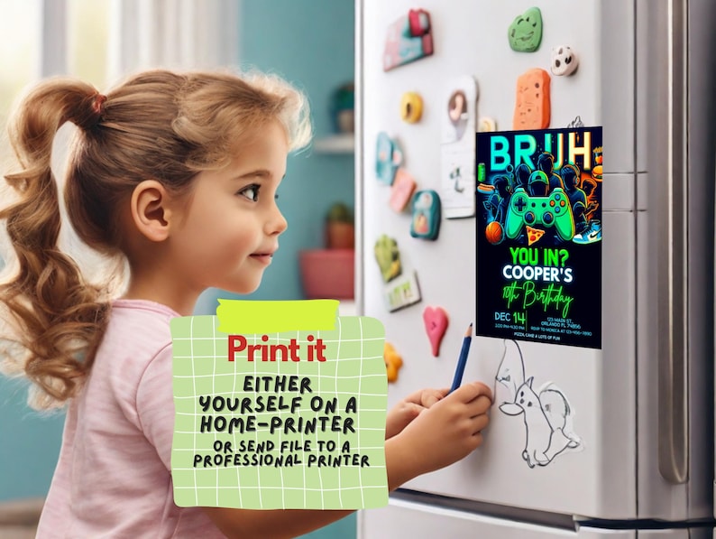 May include: A printable invitation for a birthday party with a video game theme. The invitation features a neon green and blue video game controller with the text "BRUH YOU IN? COOPER'S 8th Birthday" and the date "DEC 14".