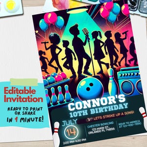 Convite de aniversário de boliche e karaokê | Festa de boliche e canto Glow | Convite de aniversário para crianças, adolescentes e adolescentes | Modelo editável do Canva