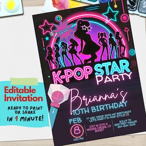 K-Pop Birthday Party Invitation | Editable Digital Invite for K-Pop Fans | Teen & Tween Birthday Party | Instant Download, Idols, Bias