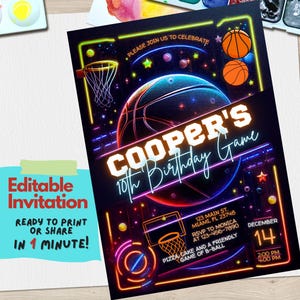 Invitation de fête d'anniversaire de basket-ball | Modèle de basket-ball modifiable | Invitation personnalisable de sport Slam Dunk |  Invitation ballon de football, néon