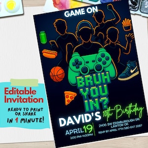 Bruh Dich das auf? Spiel On! Teen Jungen-Geburtstagseinladung | Bearbeitbare Canva Vorlage | Gaming, Basketball, Pizza & Musik-Thema | Coole Jungs einladen
