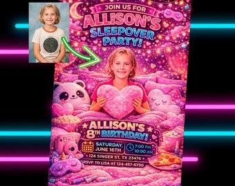 Custom Sleepover Birthday Invitation with Photo, Girls Pajama Party Invite, Personalized Slumber Party Invitation