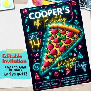 Modelo de convite de aniversário para festa de pizza editável - Convite divertido para festa com tema de pizza para crianças ou adolescentes - Download digital do Canva, Hora da pizza